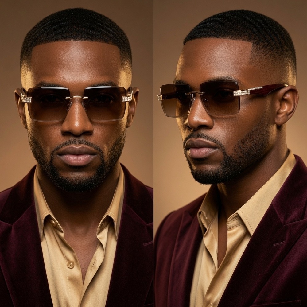 Rimless Gold Wire Frame Luxury Brown Gradient Tint Hip Hop Shades Sunglasses New